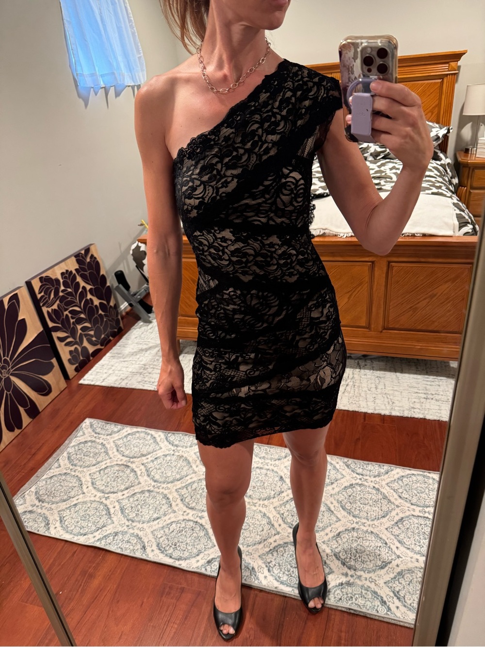 bebe Black One-Shoulder Lace Cocktail Dress